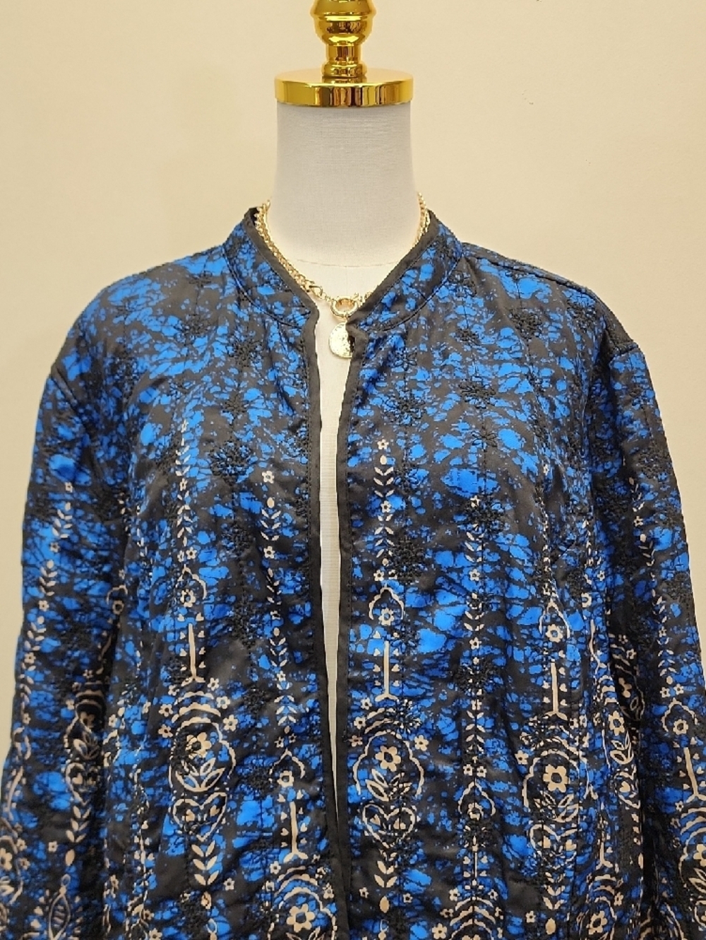 Reversible Quilted Jacket Blue Black Floral Boho Lightweight Coat Large - Picture 2 of 10